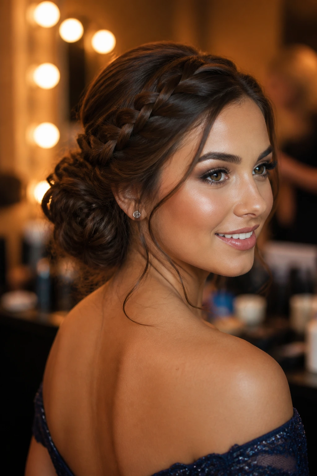Close-up portrait of a woman with a romantic side bun and braided detail