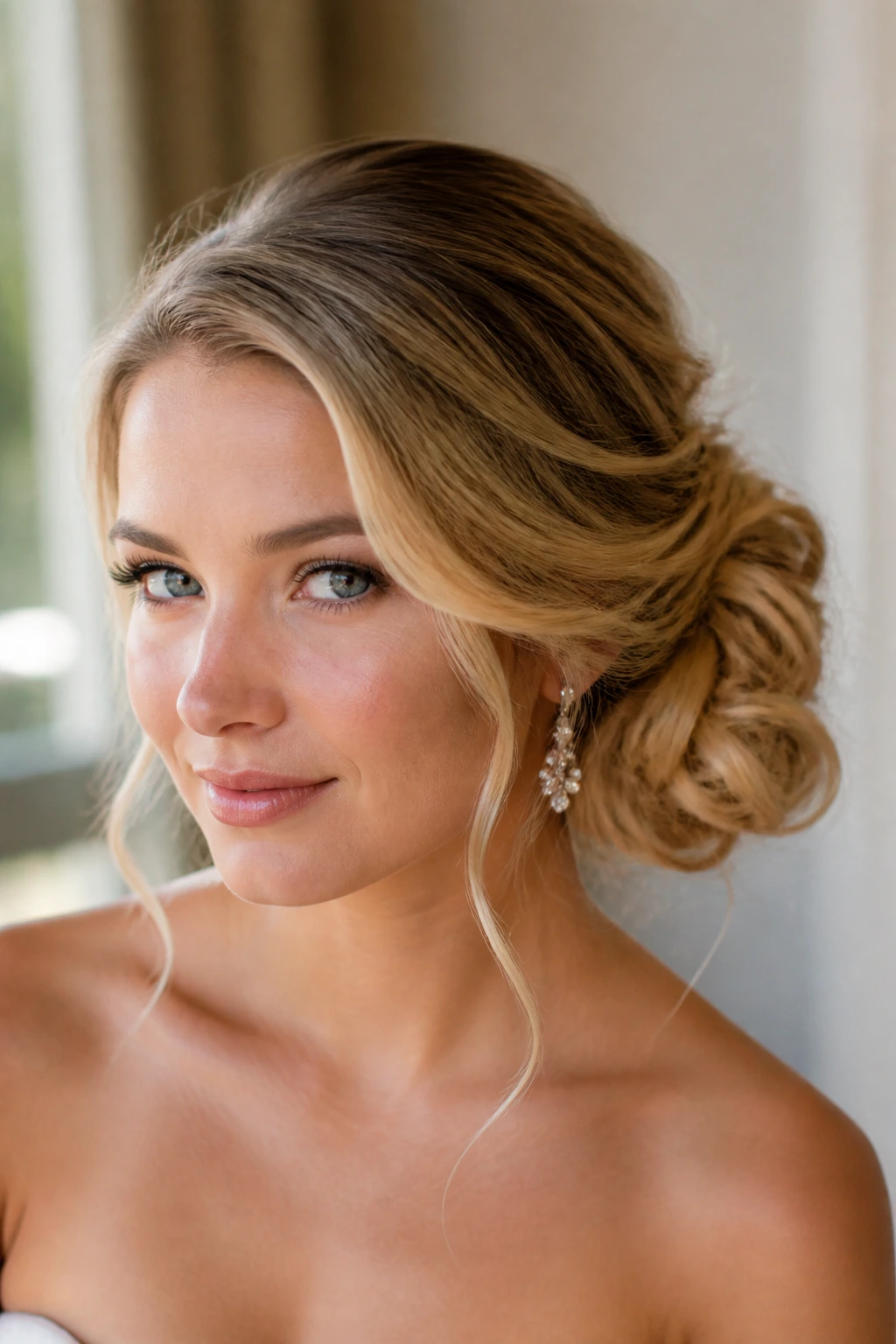 Close-up of a real woman with a romantic side bun