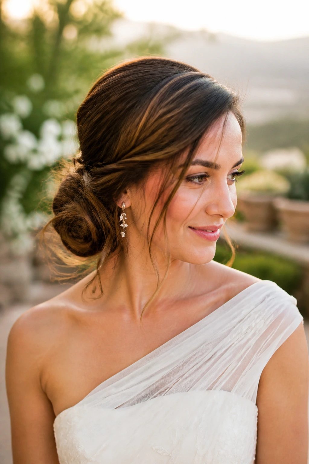 Portrait of a bride wearing a romantic side chignon behind one ear