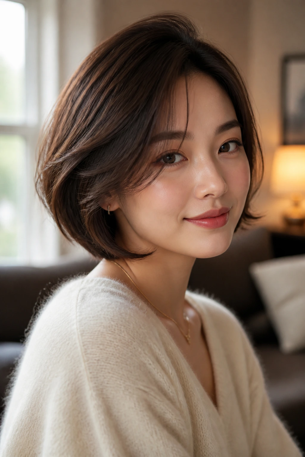 Close-up of Asian woman with romantic side-swept bob curtain ends