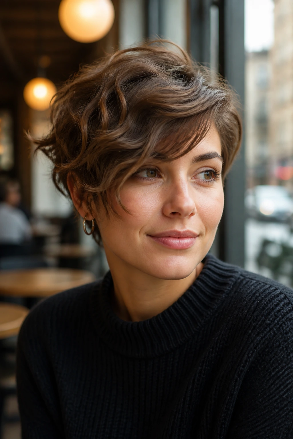 Close-up portrait of a real woman with a side-swept pixie in a cafe window setting