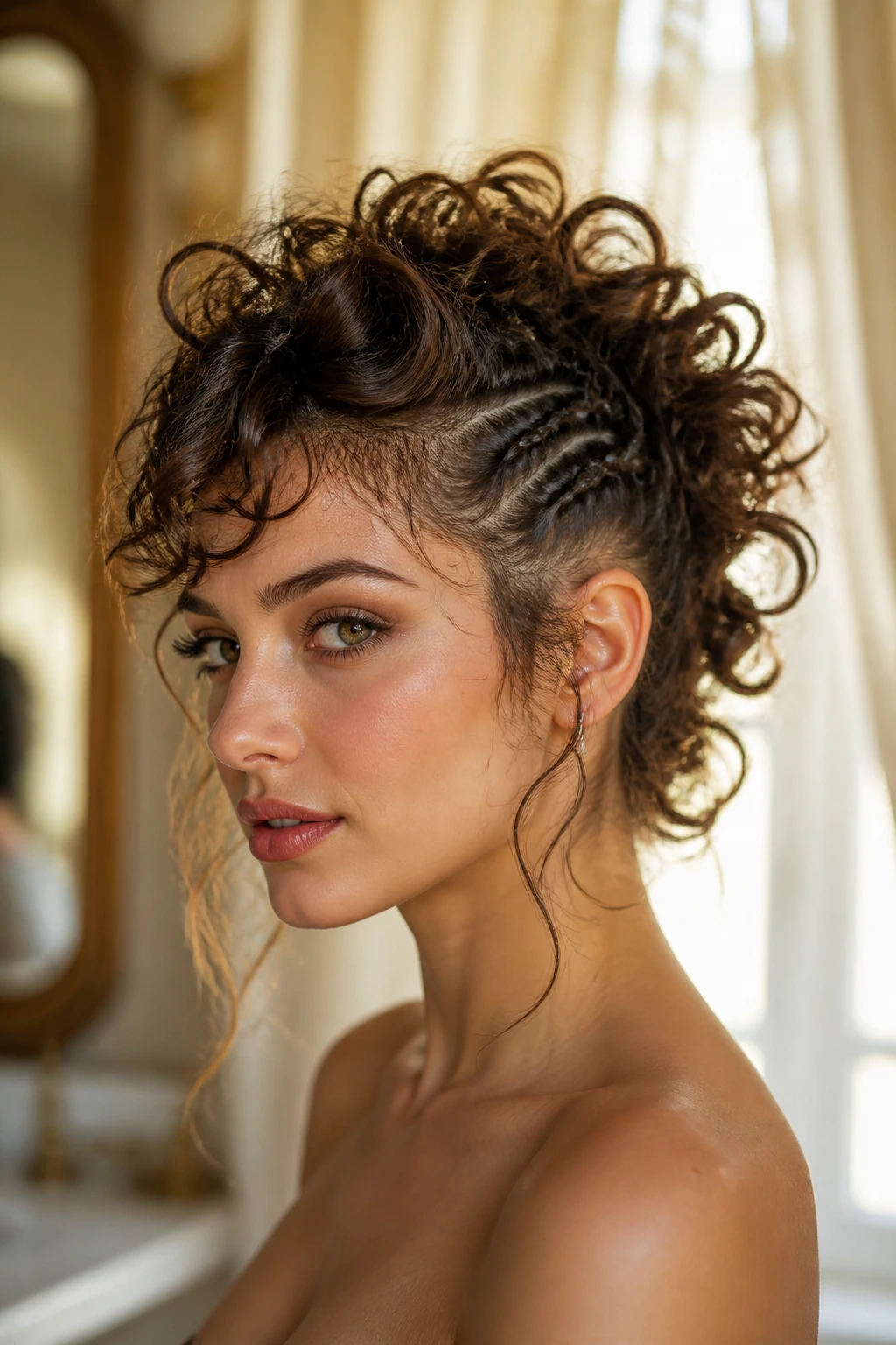 Close-up portrait of a real woman with a romantic soft mohawk in a softly lit room