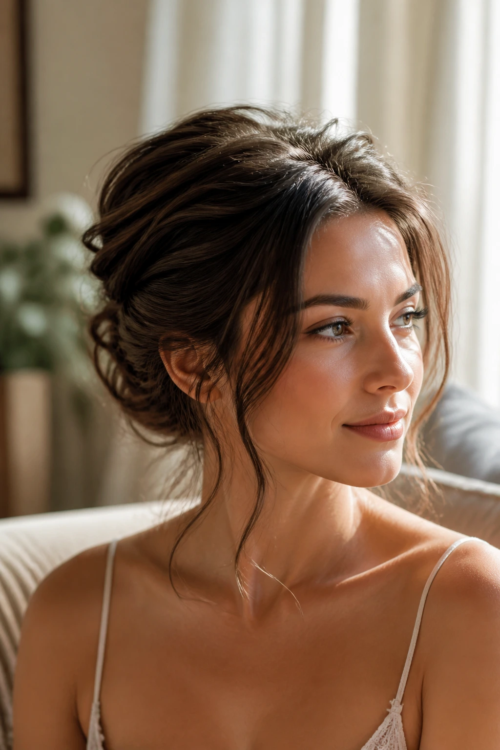 Close-up of a real woman in a romantic textured updo