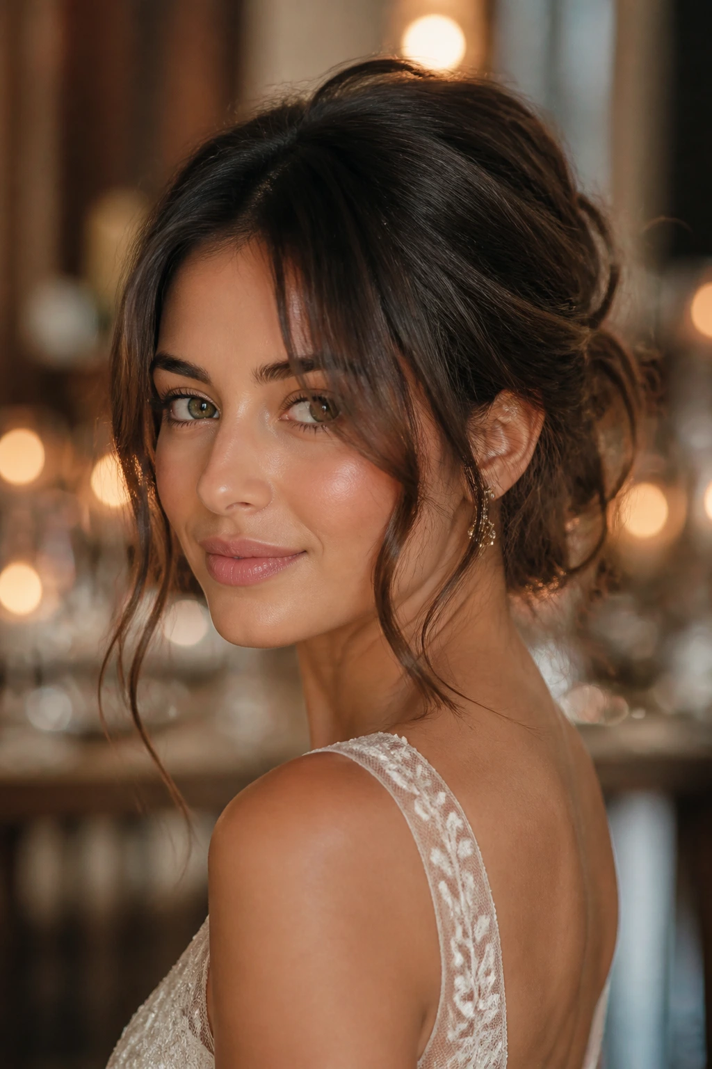 Romantic updo with floating curtain bangs on a real person