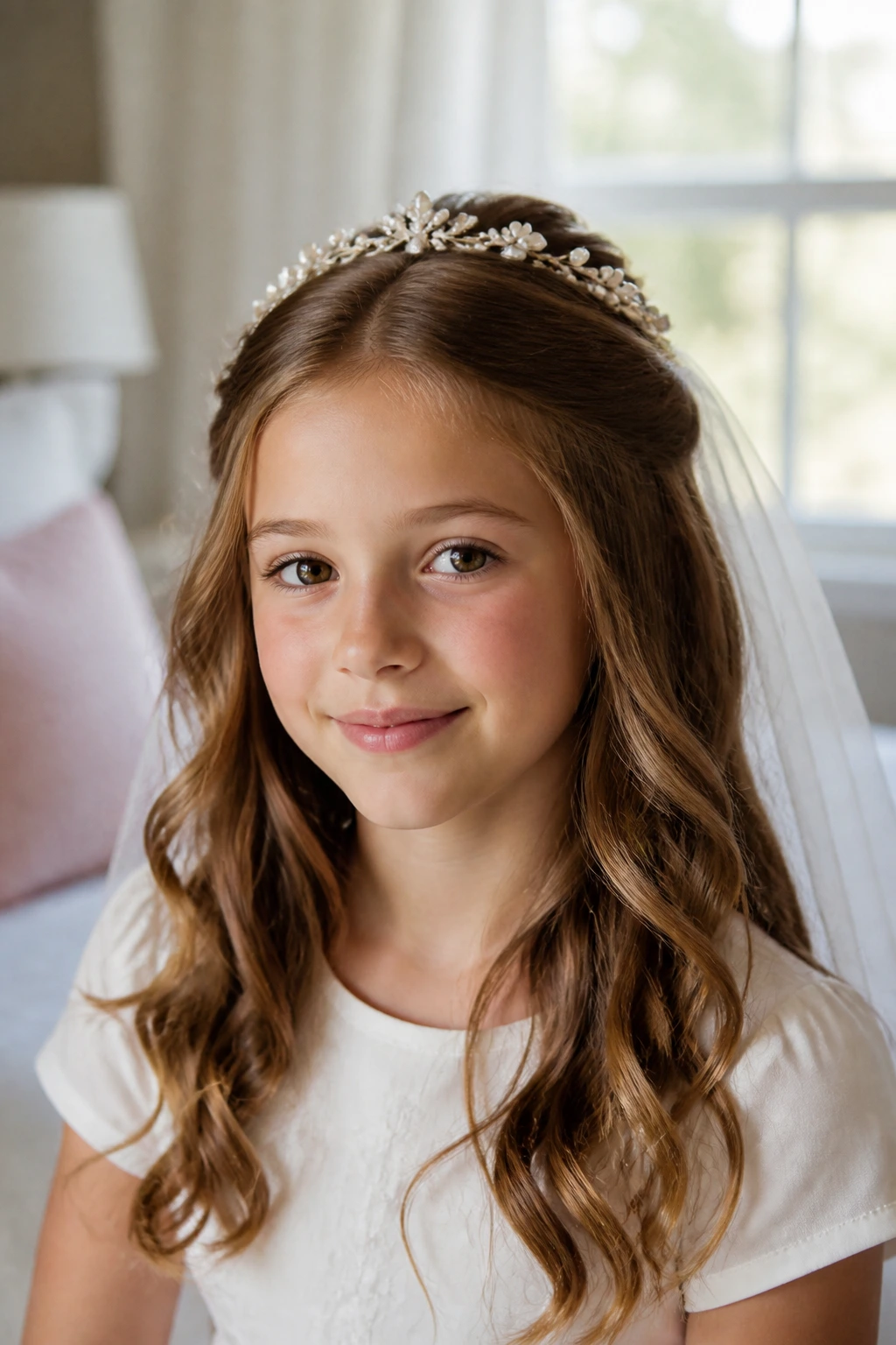Close-up of a girl with loose waves and veil comb at crown, soft window light.