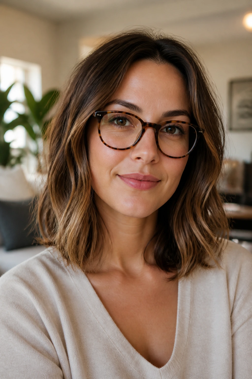 Real woman with shoulder-length hair and glasses, hair space around the frames.