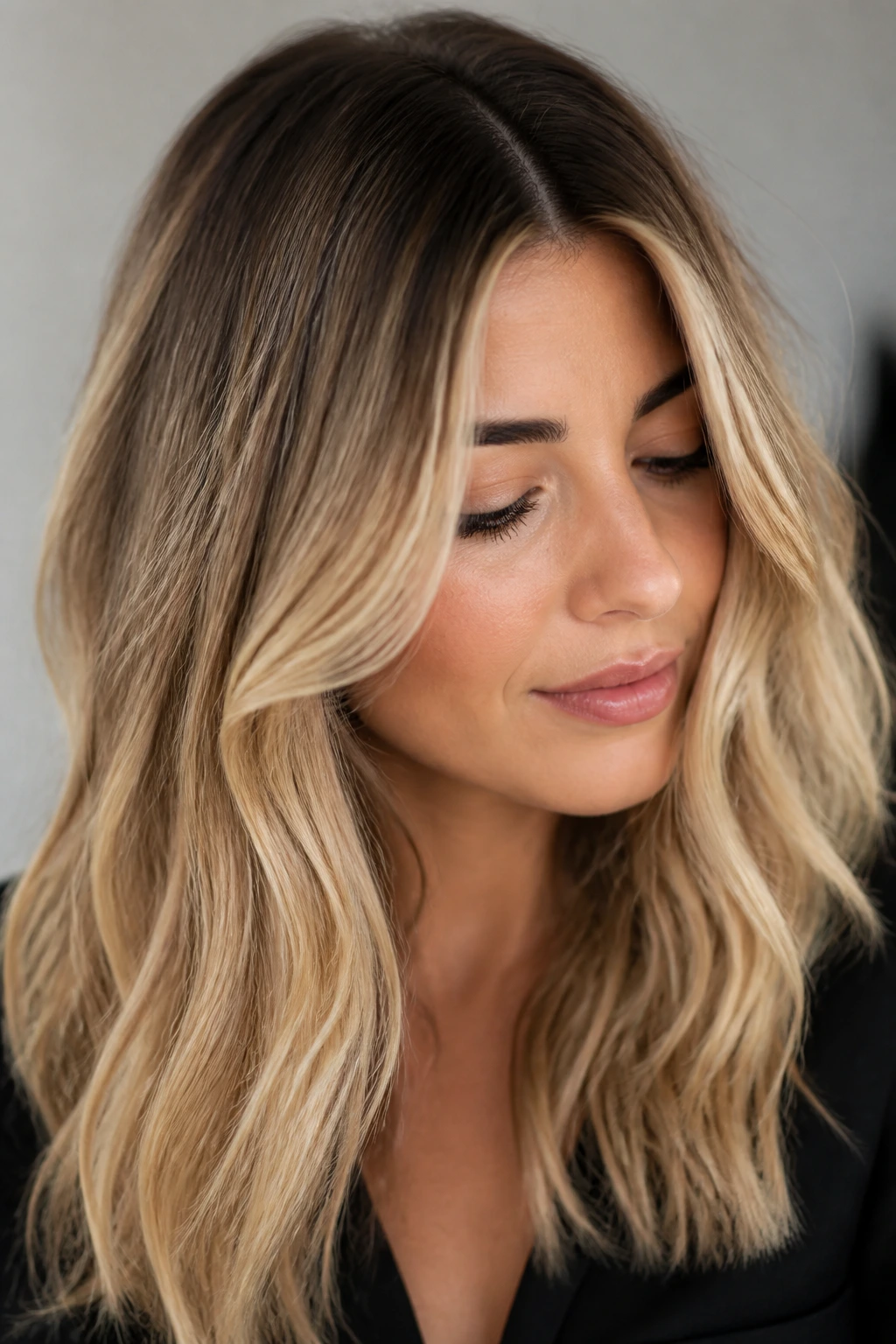 Close-up portrait showing root depth and blonde undertones on a real person
