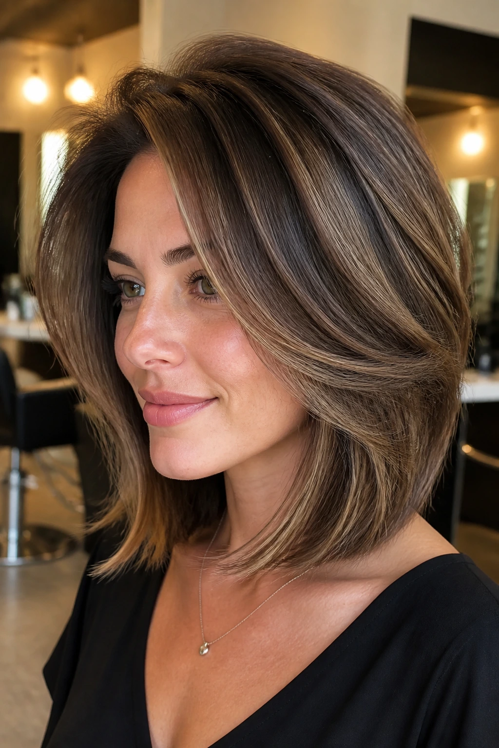 Close-up of a real woman with The Root-Lift Blowout Lob showing crown lift and soft bend