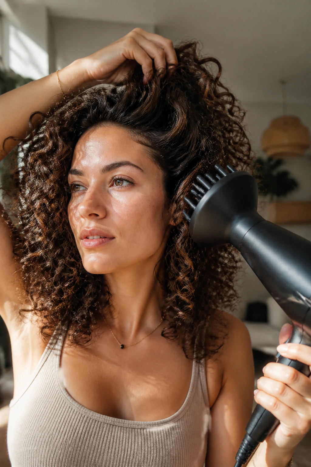 Close-up of a real woman's crown area showing root lift technique while drying.
