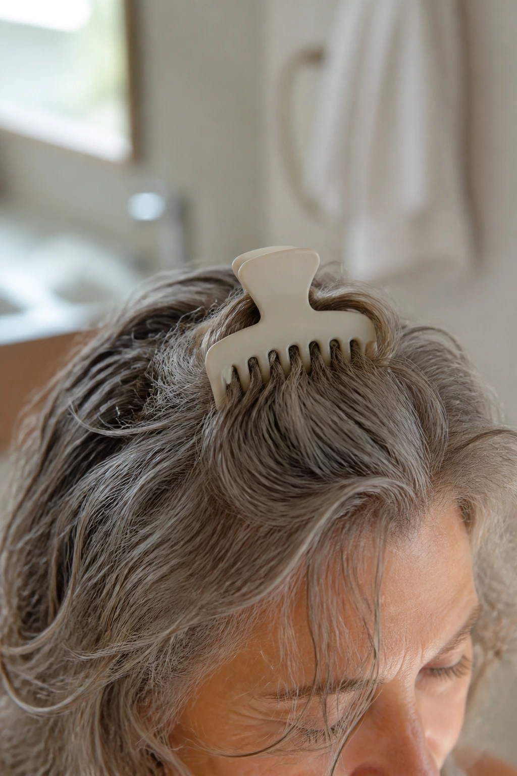 Close-up of root-lift clip in a real woman's crown on damp hair