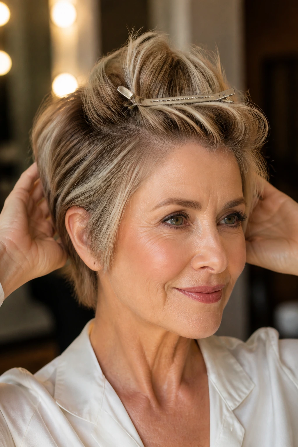 Close-up of a woman with a short haircut showing lift at the crown with small clips