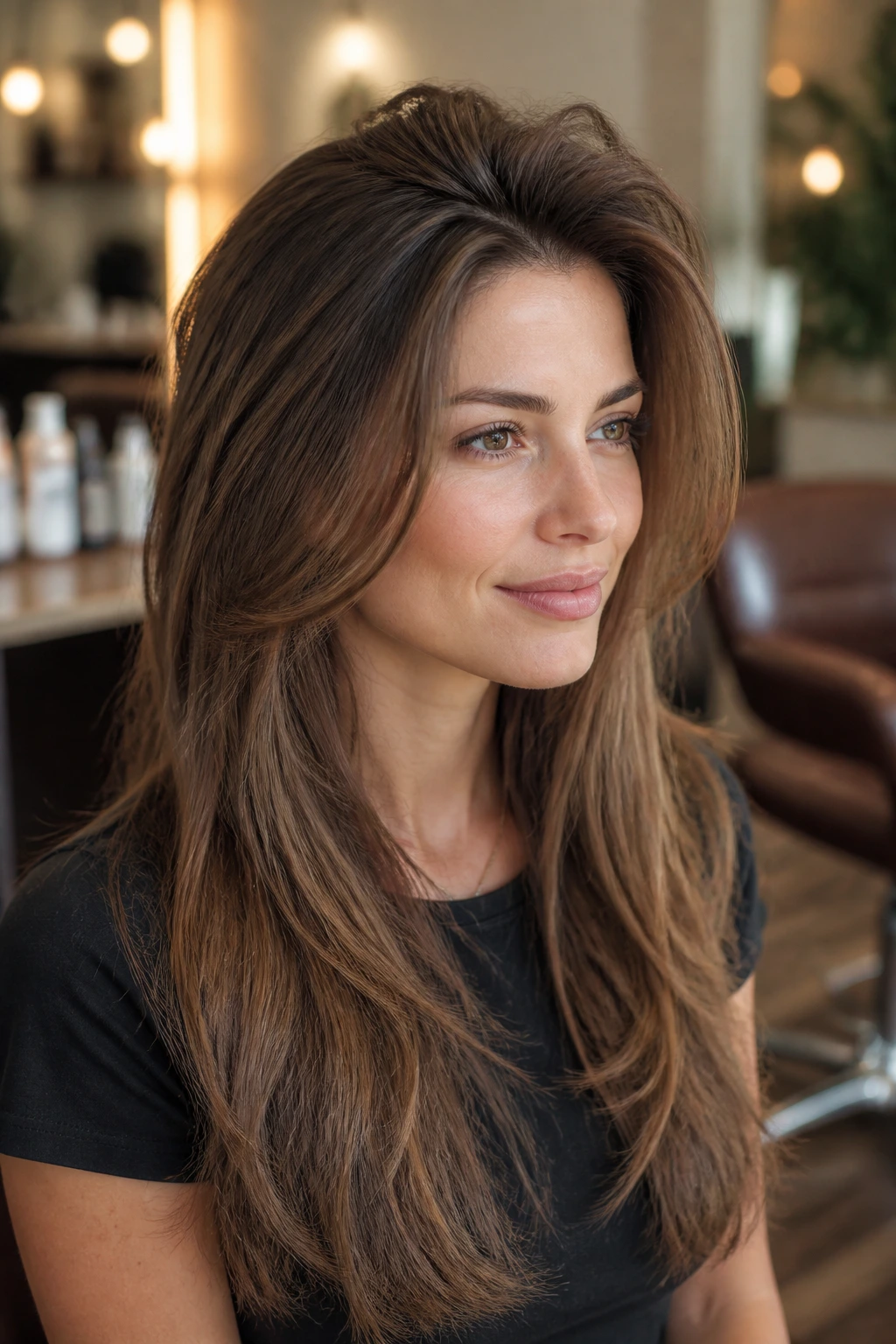 Close-up portrait of a real woman showing crown lift from root-lift crown layers in hair, with warm salon lighting.