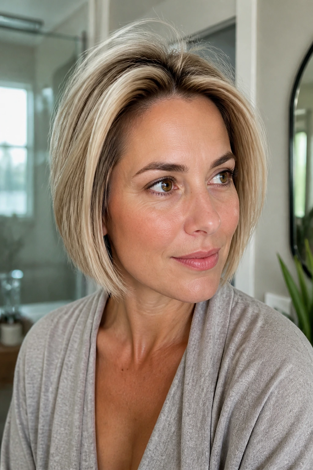 Close-up of crown lift and slight bounce on a blunt bob on a real person