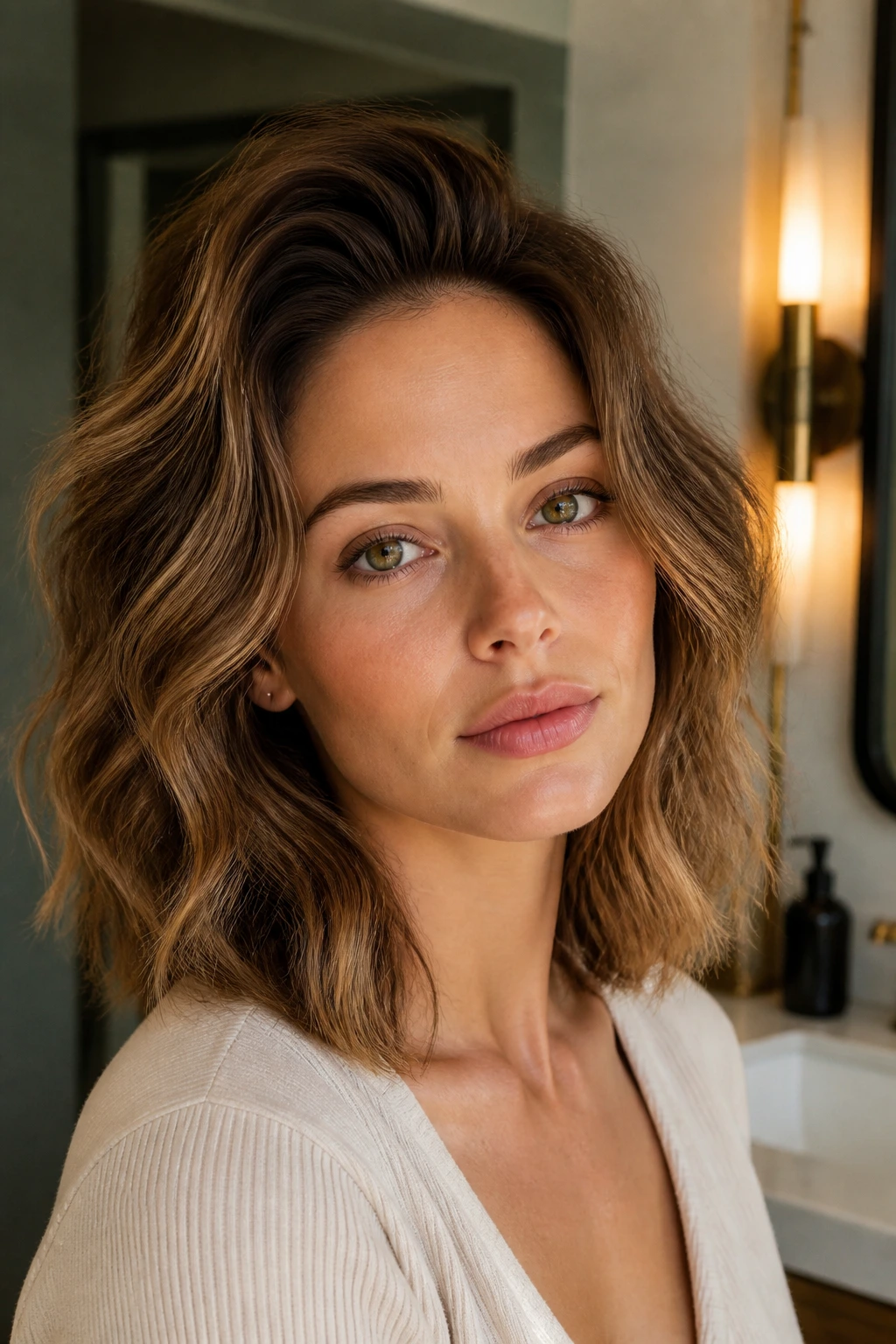 Portrait of a real woman with root-lift waves keeping the crown open in a warm bathroom