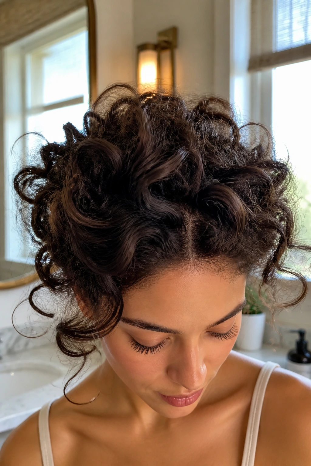 Close-up of a real woman's crown with lifted roots and defined curls