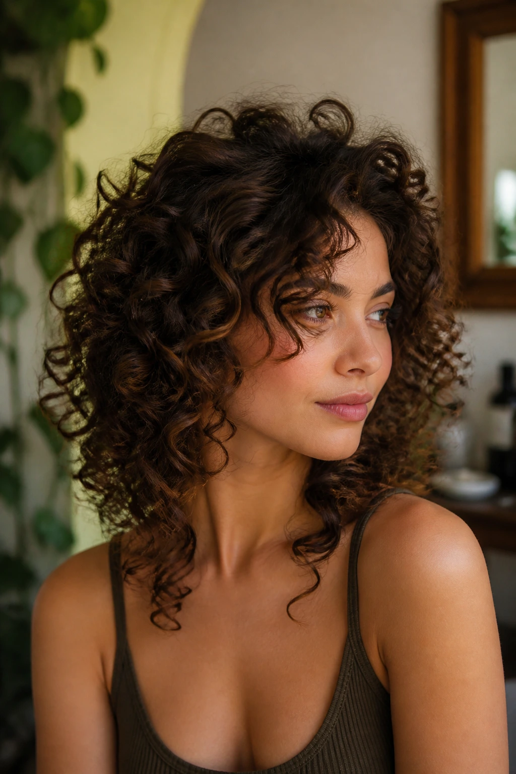 Close-up of a real person with slight crown lift and face-framing curls on a stacked cut.