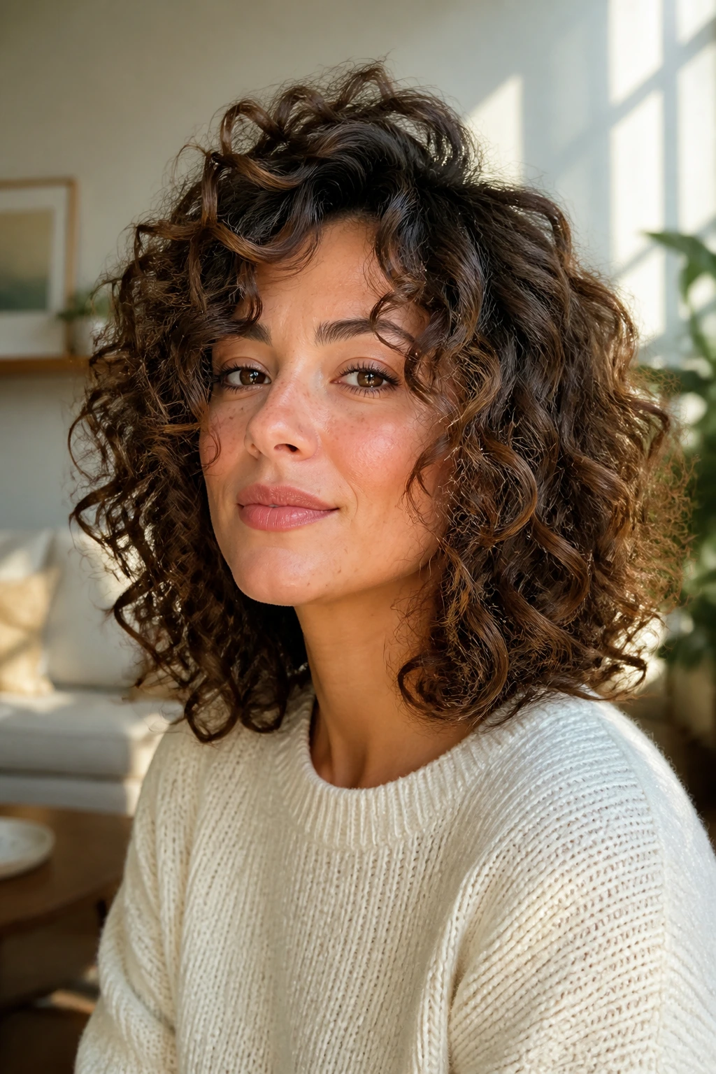 Portrait of a woman with a root-lift curly lob and lifted crown