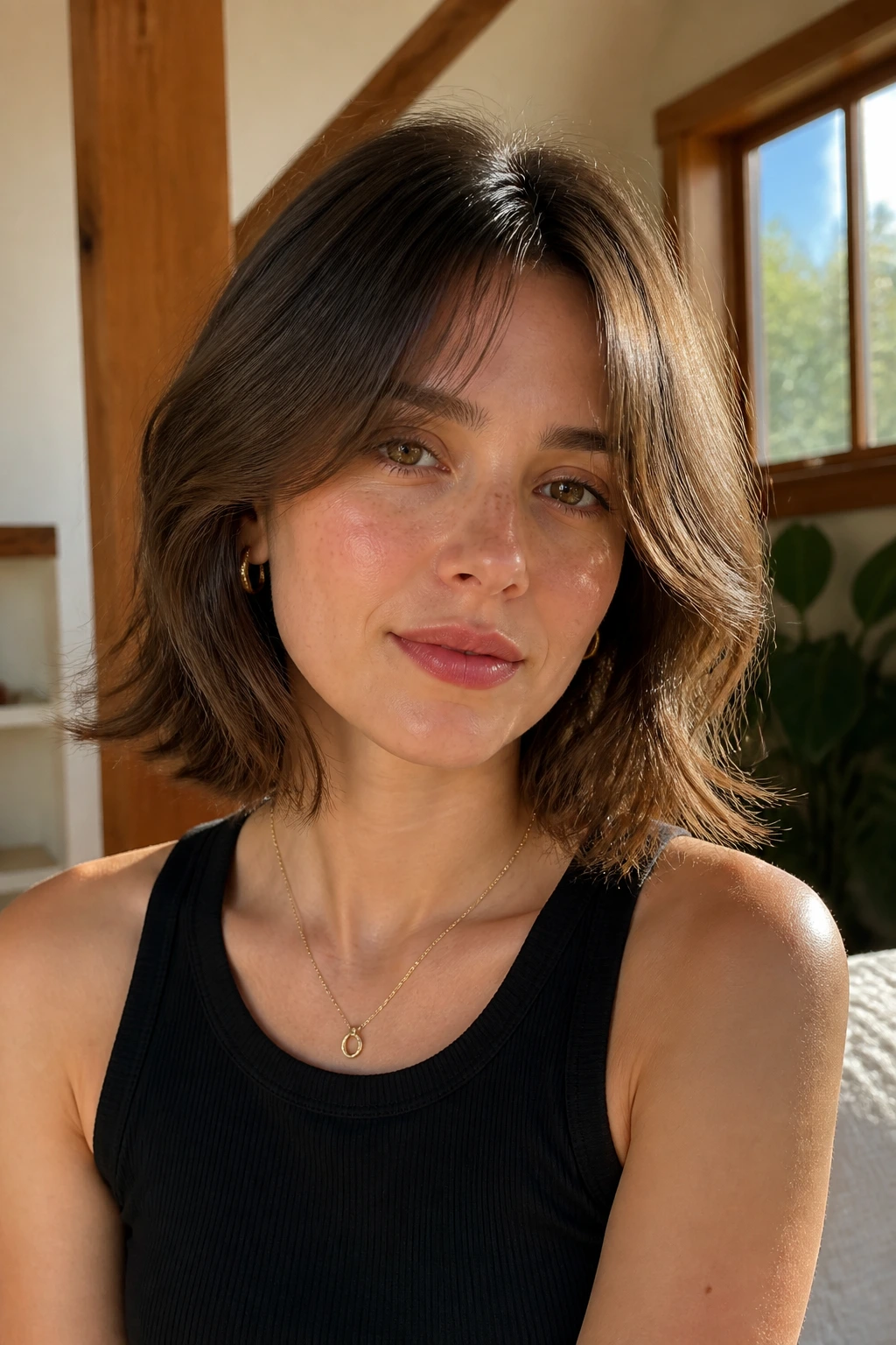 Close-up of a woman with curtain bangs showing root lift in a sunlit room.