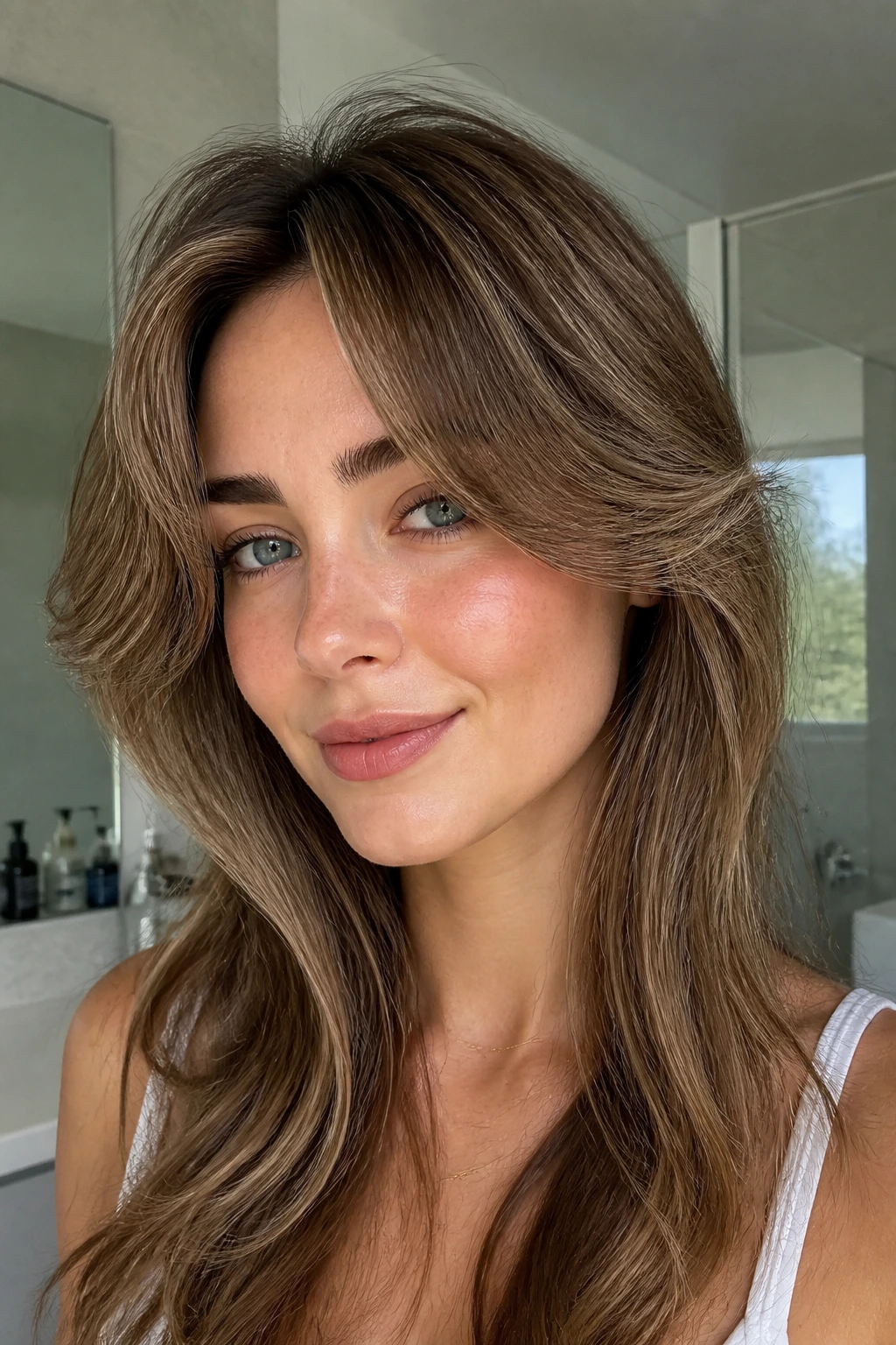 Close-up portrait of a real woman with root-lift curtain bangs and lifted front fringe