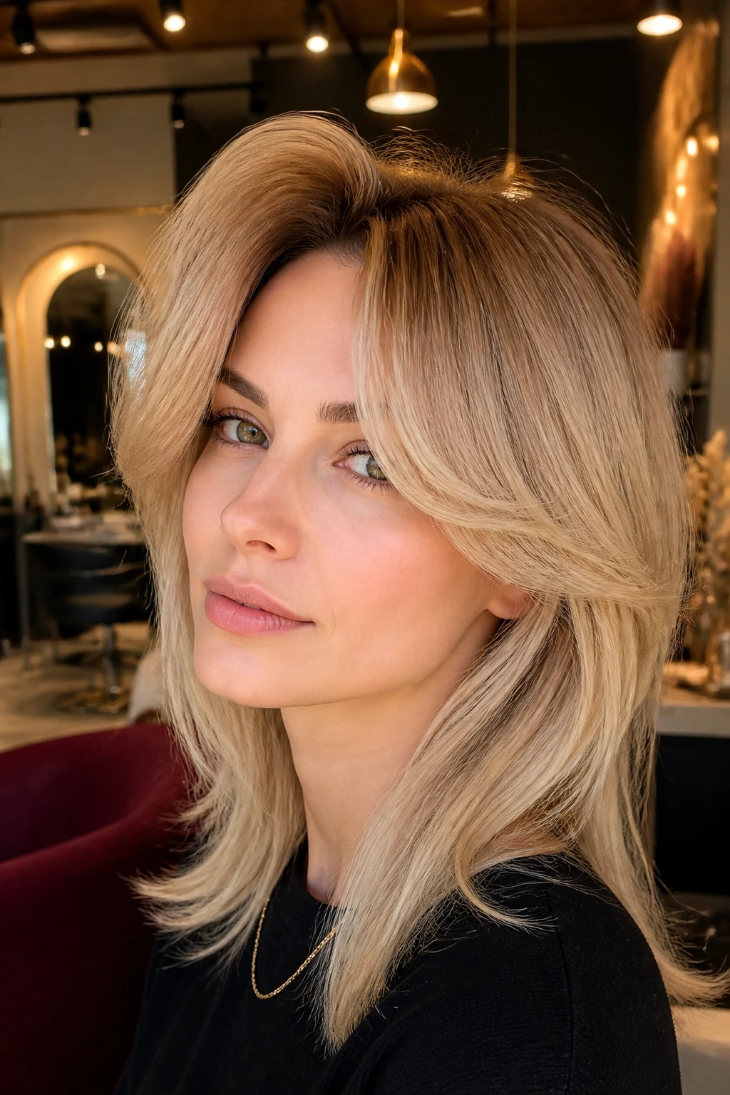 Portrait of a woman with root-lift curtain fringe and high bend in a salon