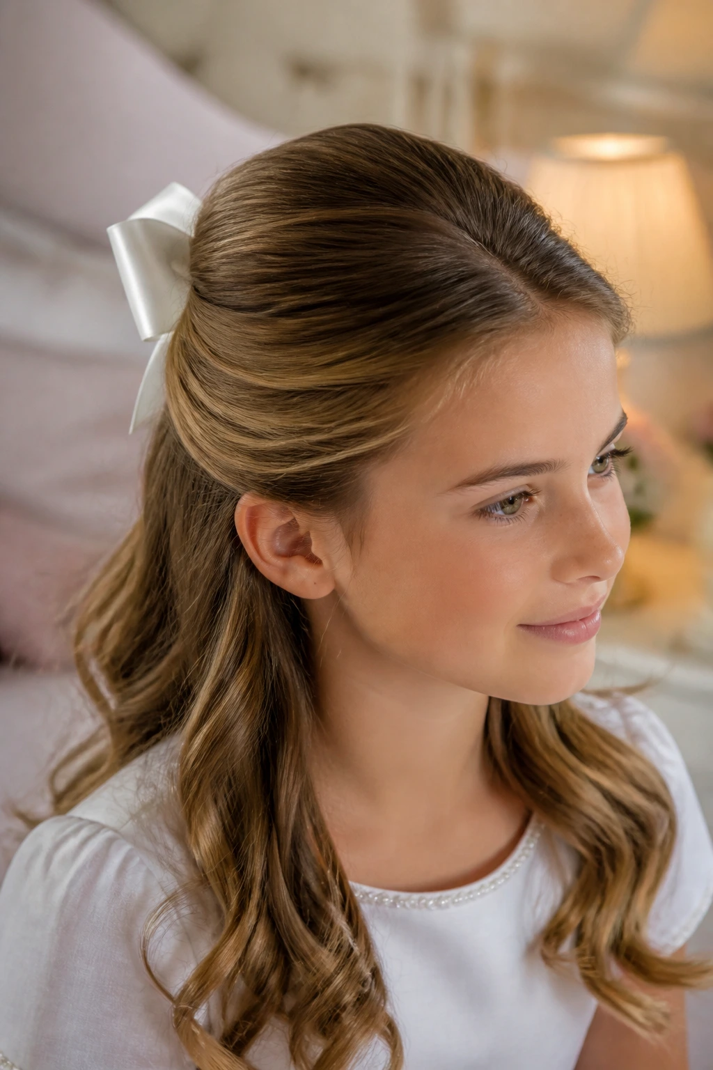 Close-up of a girl with root-lift half-up hairstyle and tiny bow in warm bedroom lighting