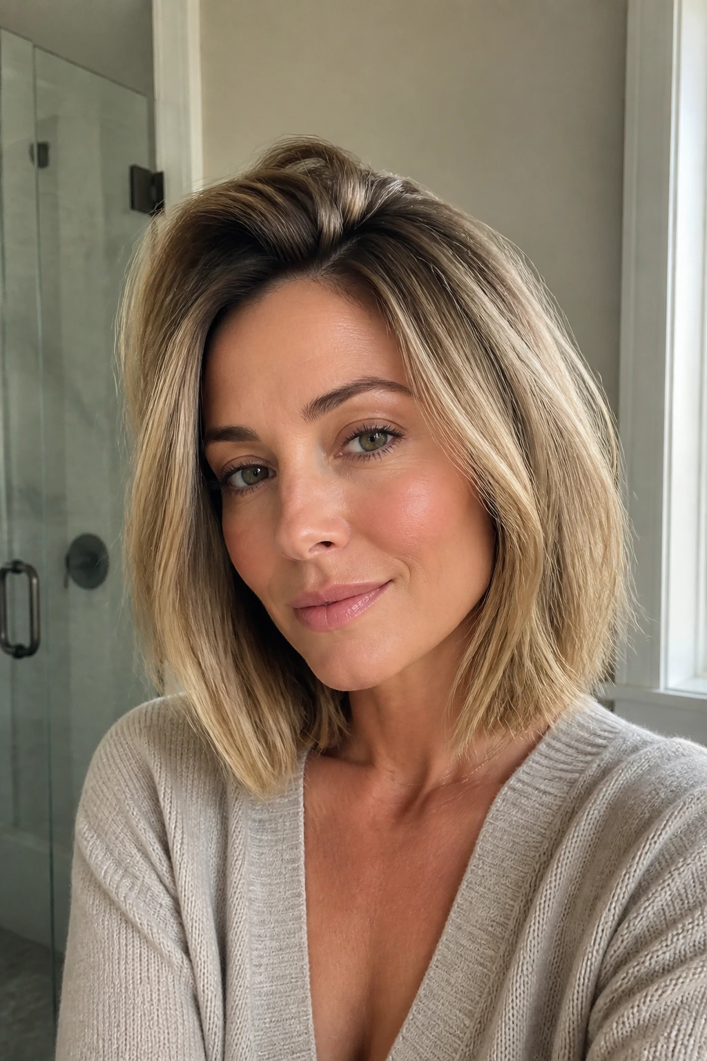 Portrait of woman with root-lift lob crown volume.