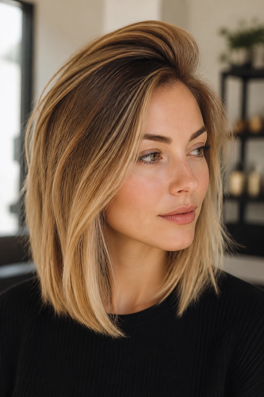 Portrait of a real person showing lifted crown and voluminous lob without teasing