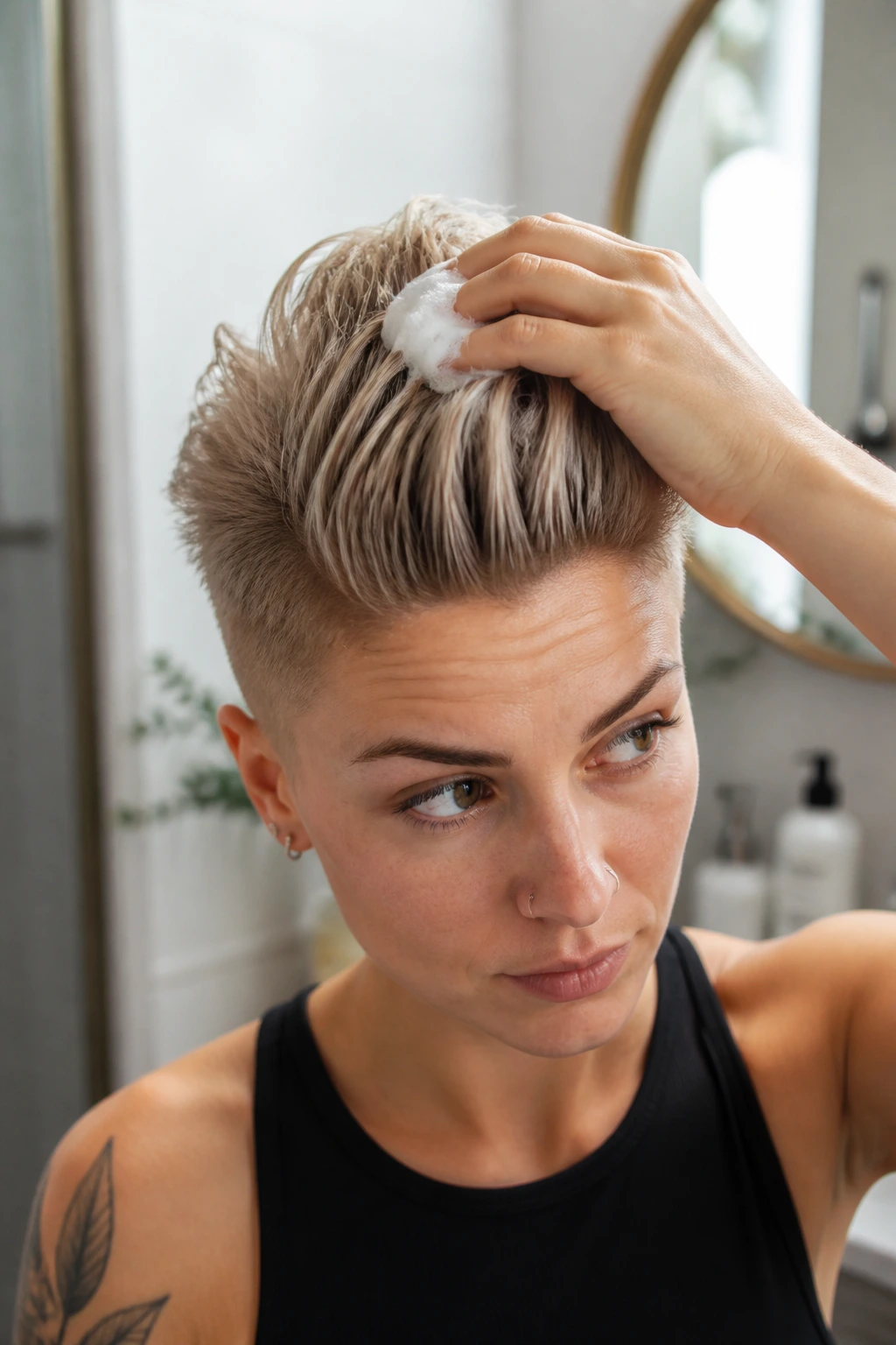 Close-up of crown hair with root-lifting mousse for faux hawk prep on a real person.