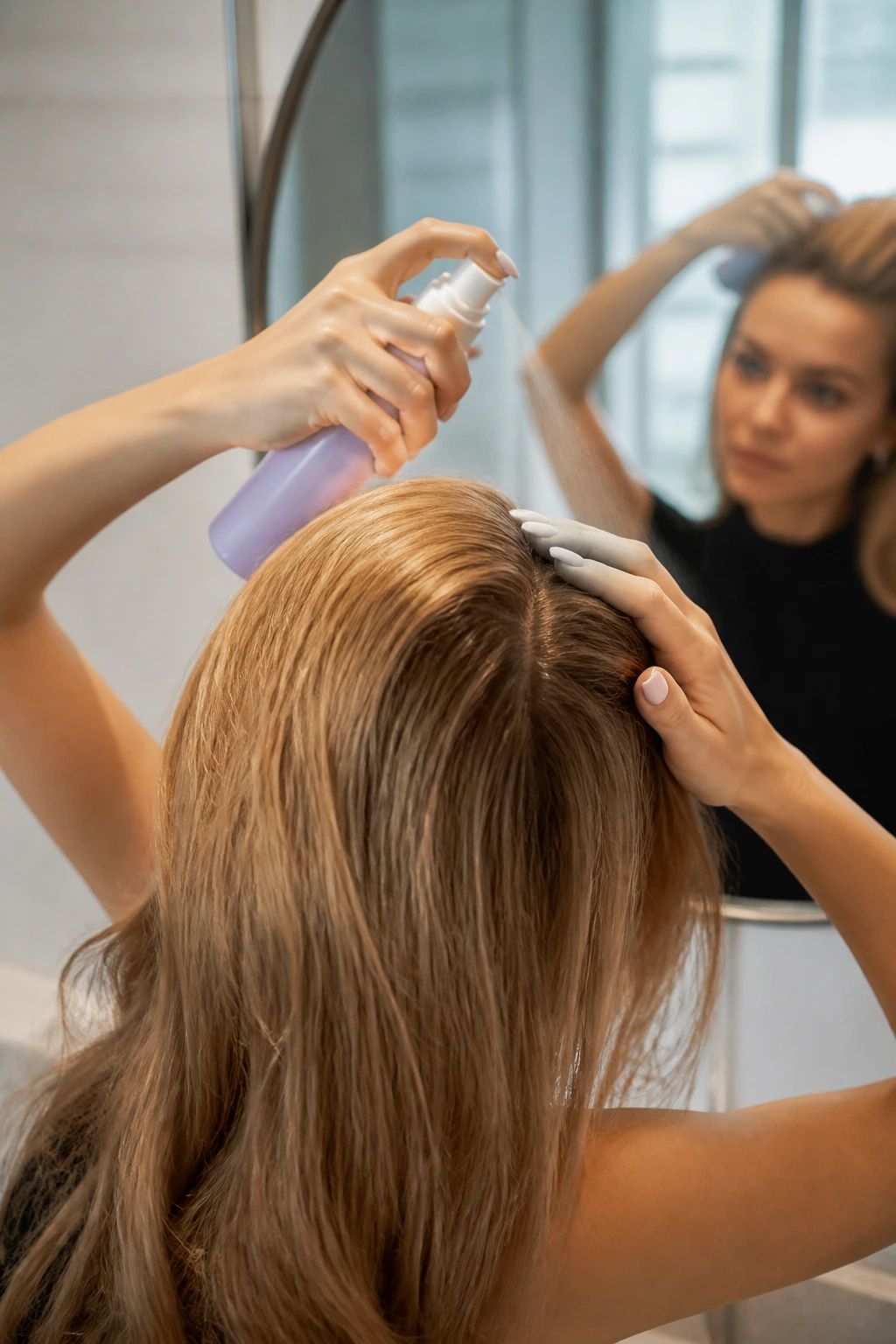 Close-up of a real head being prepped with root-lift spray at the crown.