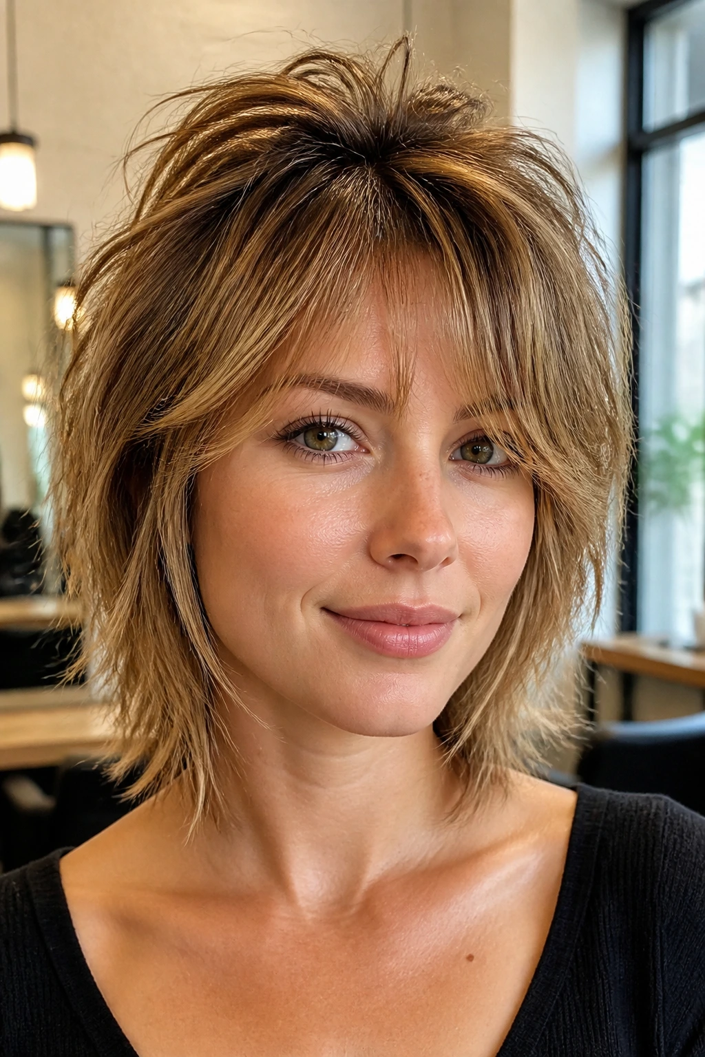 Close-up portrait of a real woman with root-lift shag crown height in a salon