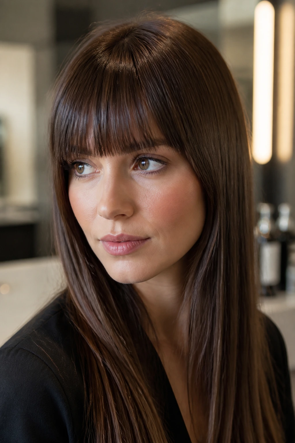 Close-up of person with straight fringe showing root lift and smooth ends