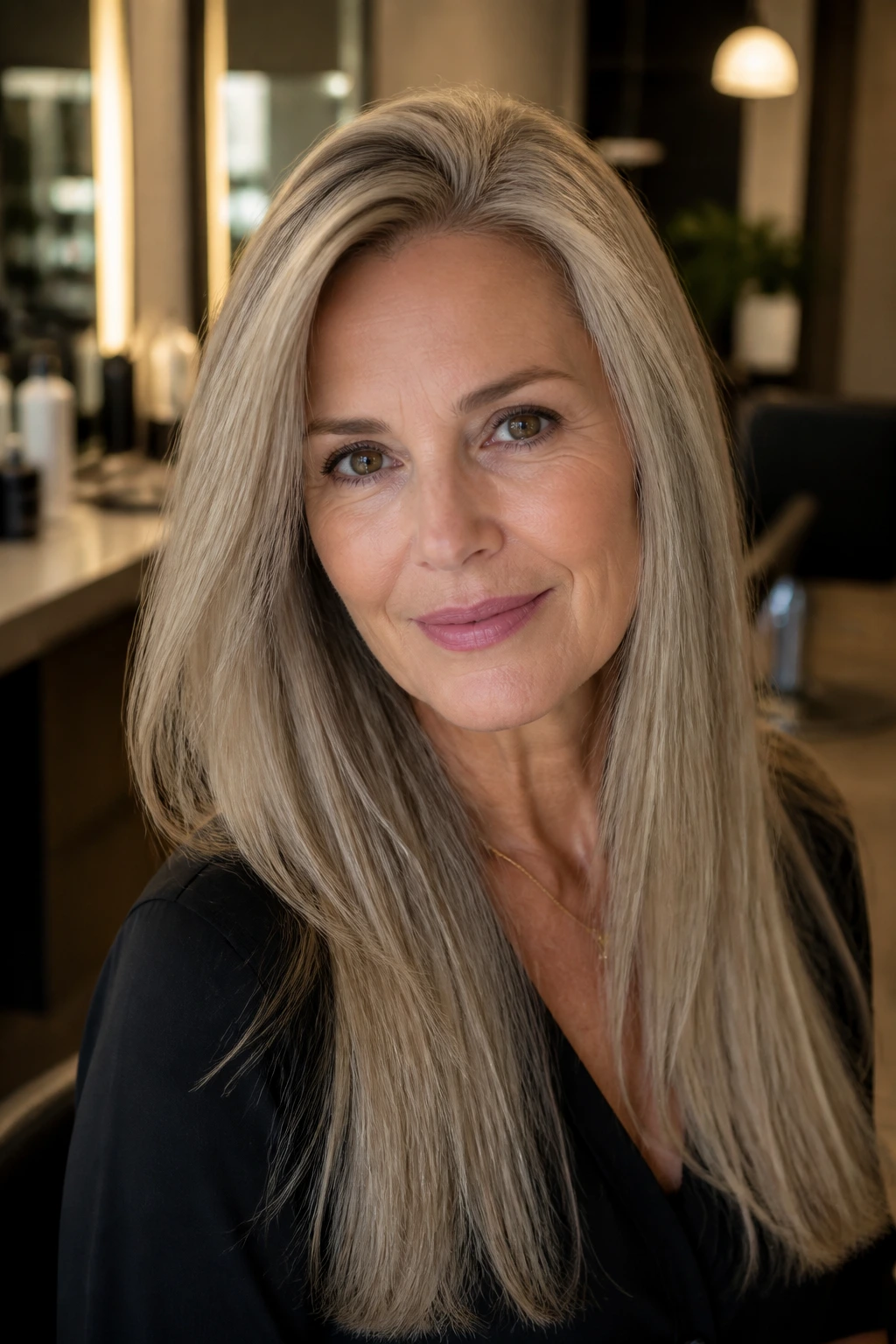 Portrait of a real woman with root-lift crown and straight hair