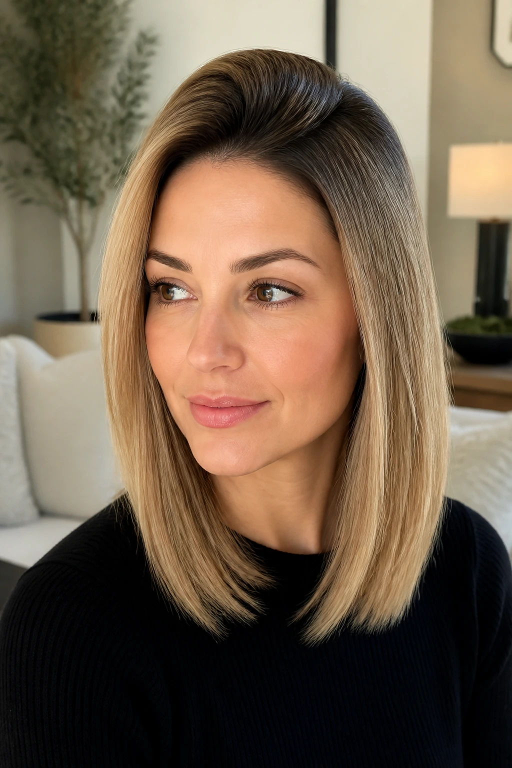Close-up of a woman showing root lift and sleek straight hair