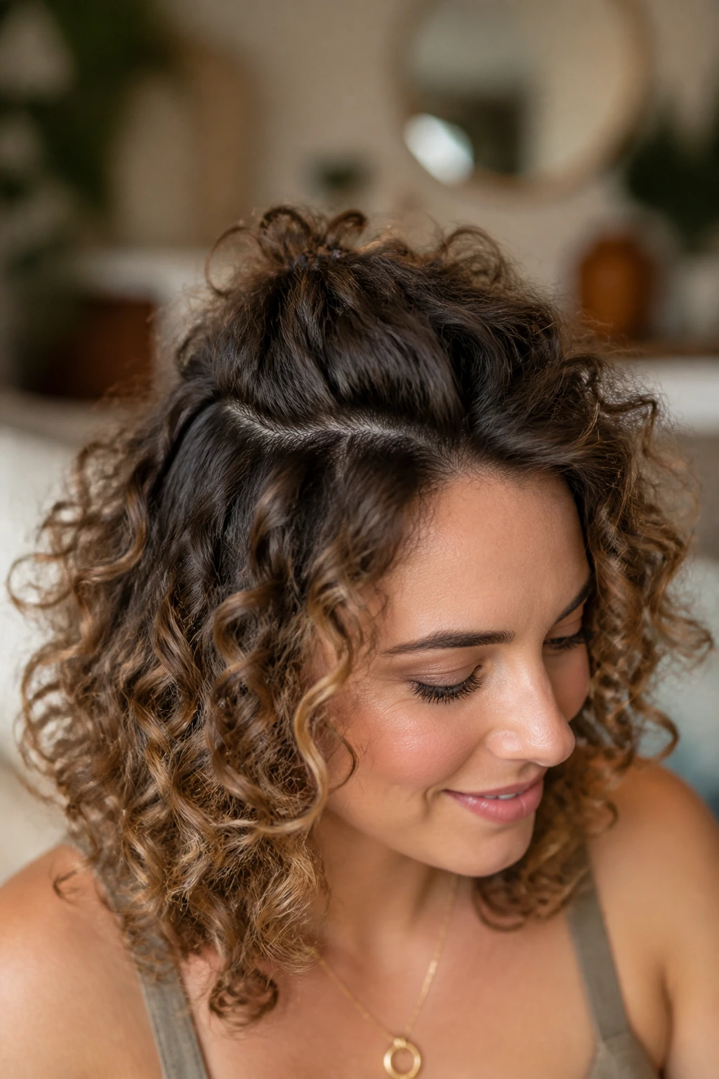 Close-up of crown area with root lift in curly hair