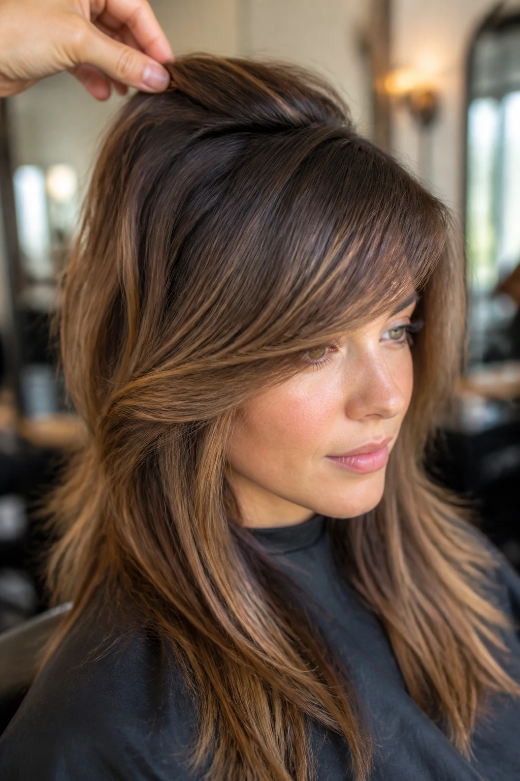 Close-up portrait of a real woman with bangs bend at root in warm salon light