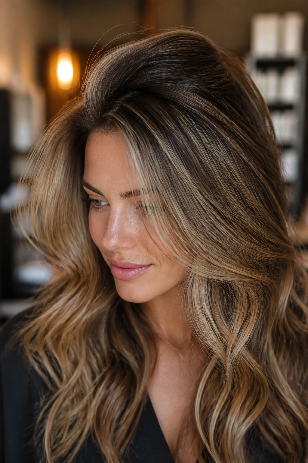 Portrait of a real woman with lifted crown and voluminous waves