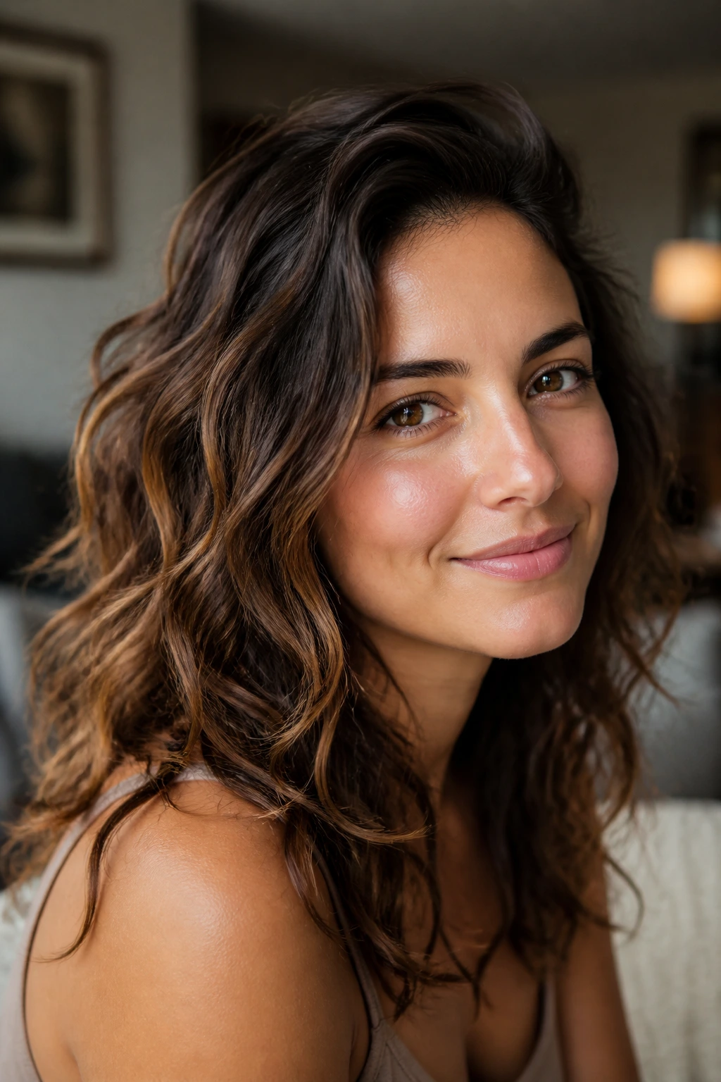 Real person with off-center part and crown lift in a warmly lit living room