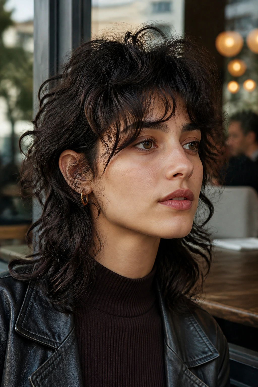 Close-up portrait of a real woman with a root-lift wolf cut