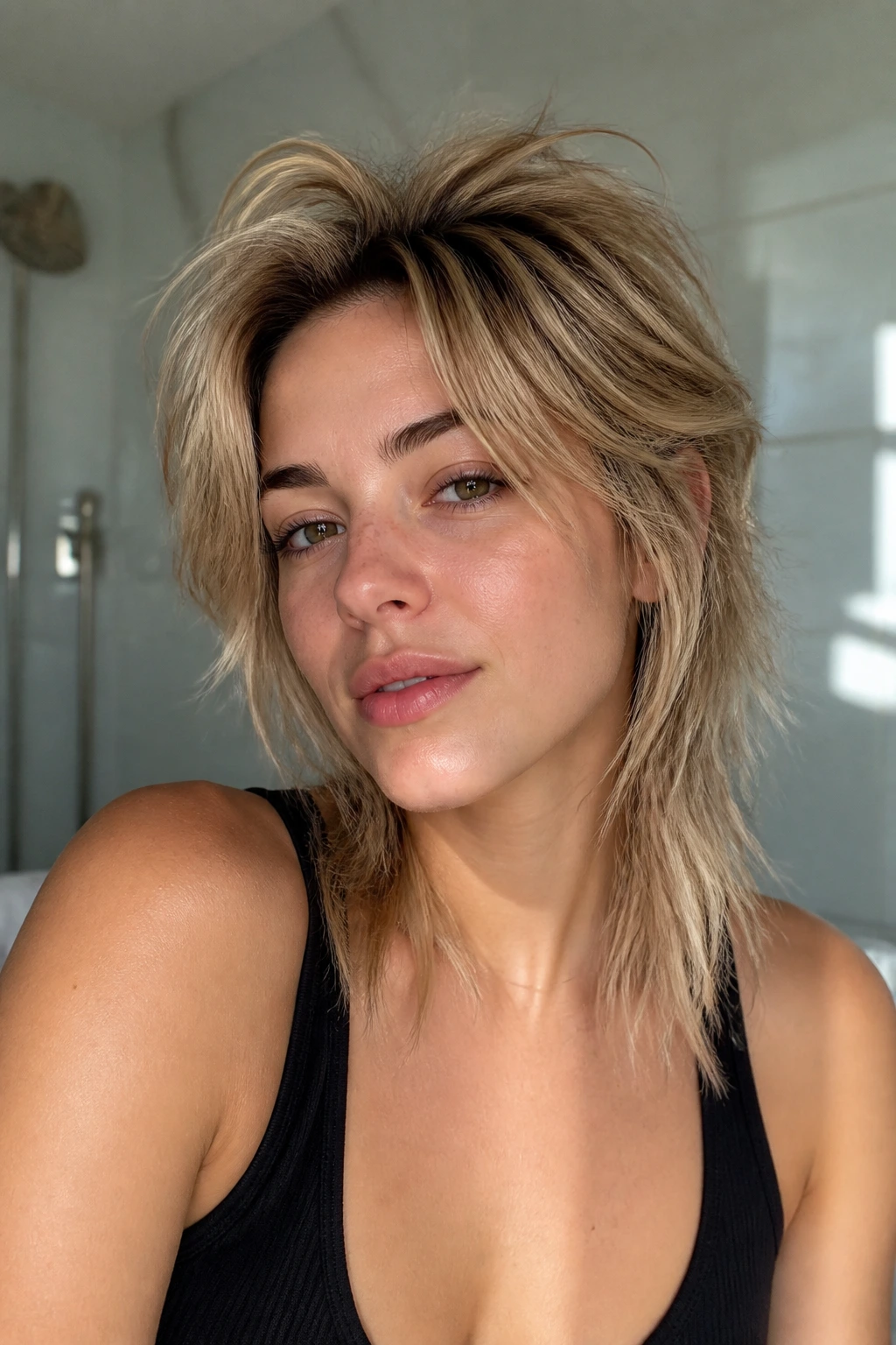 Close-up portrait showing root-lift wolf haircut on a real person