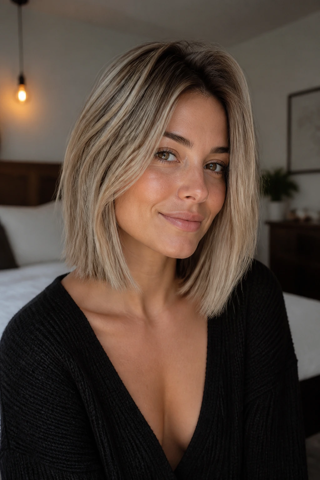 Close-up portrait of a real woman with a root-lifted lob for fine straight hair under natural window light