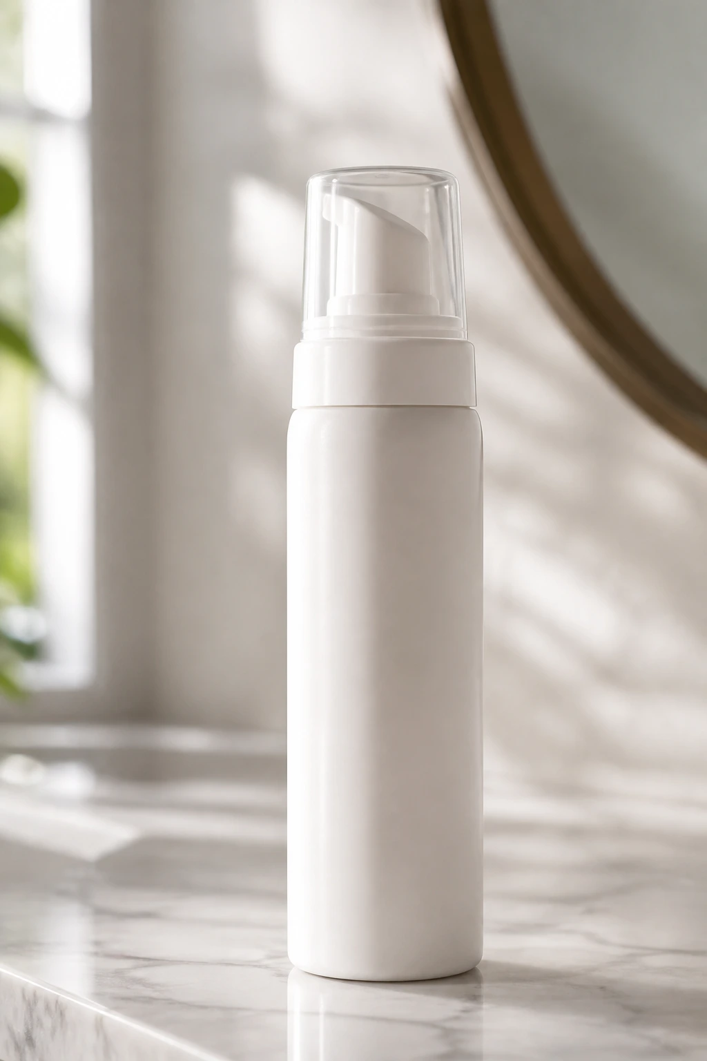 Close-up of a root-lifting mousse bottle on a bathroom counter under natural light.
