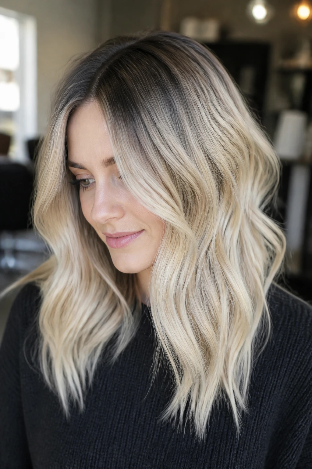 Portrait of a real woman with smoky root melt blonde showing deep root and melt to pale blonde