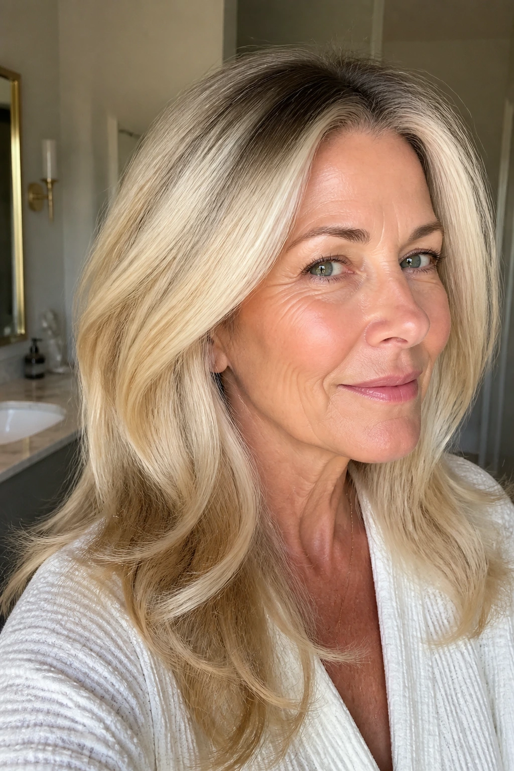 Close-up of a real woman with rooty cream blonde hair in warm daylight