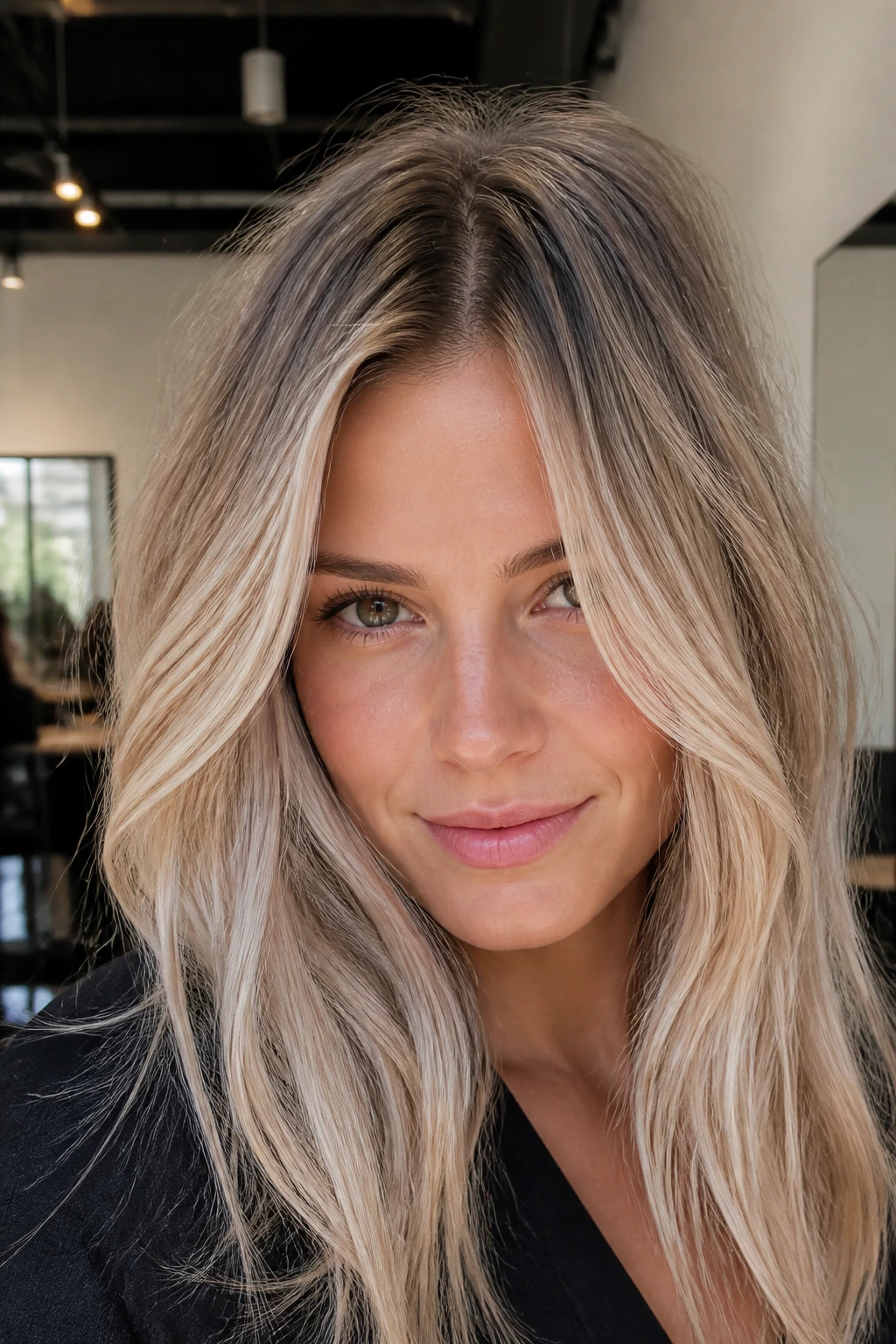 Close-up of a woman with lived-in blonde and root melt