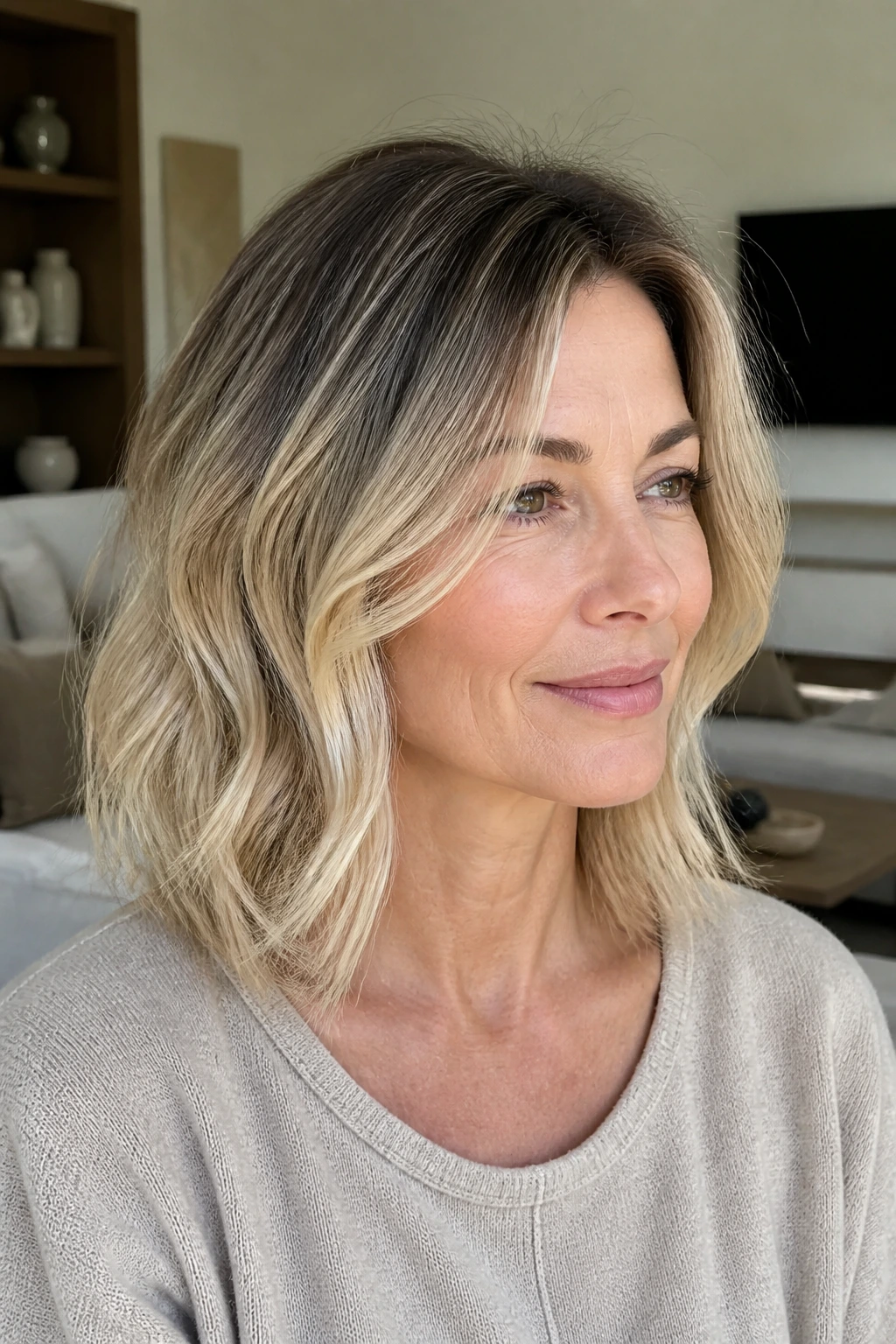Close-up of a woman with root melt blonde variation showing darker roots blending into lighter ends.