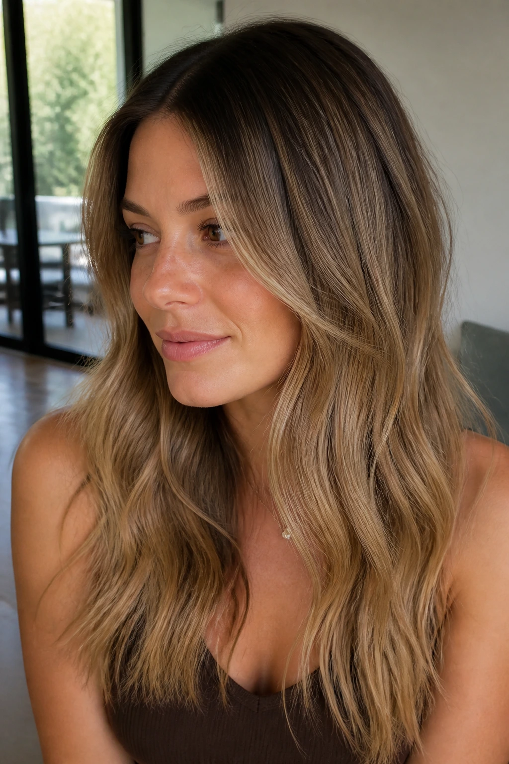 Portrait of a woman with root melt beige bronde hair in natural light