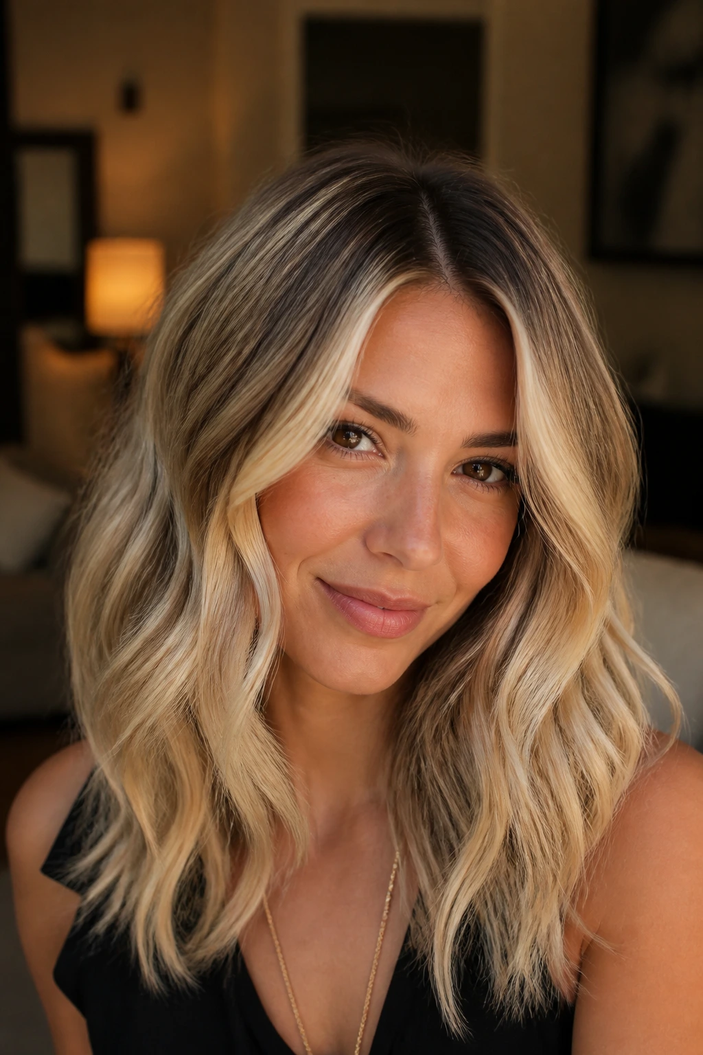 Close-up portrait showing shadow root melt and high-contrast blonde on a real person
