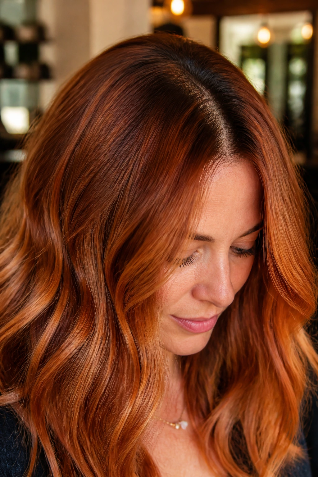 Close-up of copper hair with darker roots transitioning to lighter mids in a warm salon light
