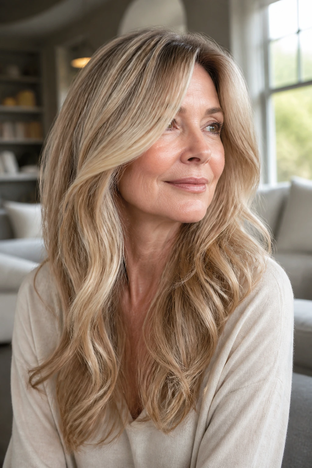 Close-up of a real woman with long blonde hair showing dimensional root melt in warm window light