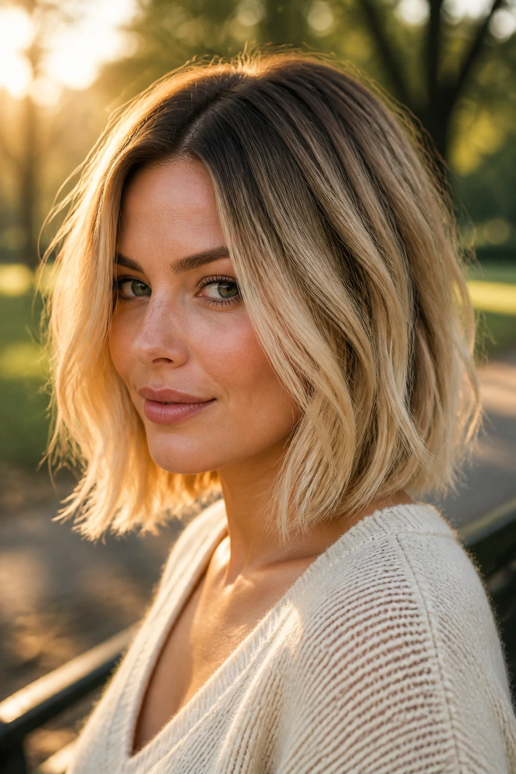 Close-up of a real woman with root melt lob showing darker roots blending into lighter ends